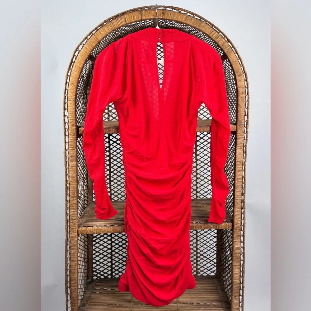 Anthropologie V-Neck Ruched Mesh Midi Dress Red Long Sleeve Size M NWT - Picture 6 of 8